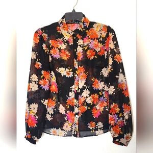 Atmosphere Long Sleeve Black Sheer Blouse with Floral Design. Size US 6